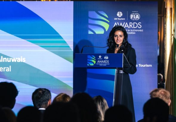 UN Tourism Secretary-General, H.E. Shaikha Nasser Al Nowais speaks at the awards ceremony in Madrid