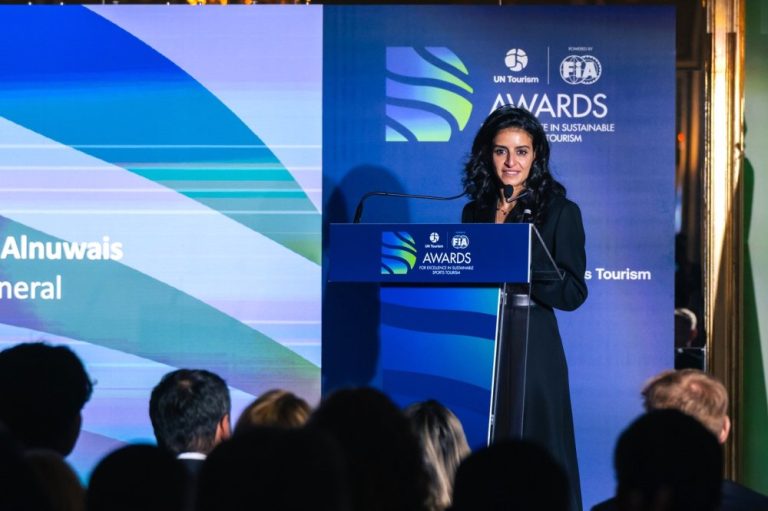 UN Tourism Secretary-General, H.E. Shaikha Nasser Al Nowais speaks at the awards ceremony in Madrid